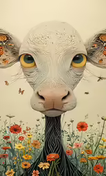 an art work with an animal in front of some flowers