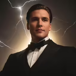 a man in a tuxedo is looking at the camera