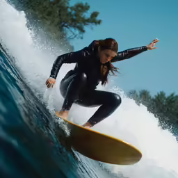 a woman rides a surfboard on a wave
