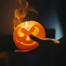 a person holding up an pumpkin with its face carved into it