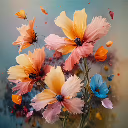colorful flowers are featured against a blue background,small red black and yellow flowers and some bugs