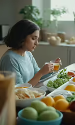 woman eating and drinking a glass of juice in her home kitchen