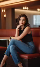 a woman sitting on a couch in a diner