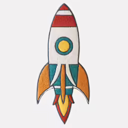 a red, blue, and yellow rocket ship with a small red ball