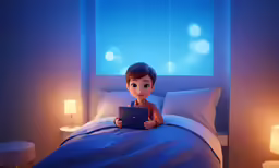 a small child is on a bed looking at an electronic tablet