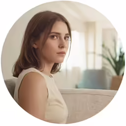 a girl sits on a sofa looking back at the camera