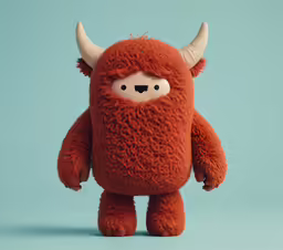 a red stuffed toy is standing on a light blue background
