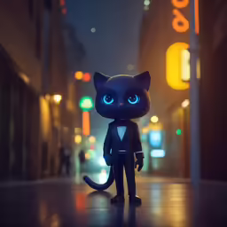a black cat with light blue eyes wearing a suit and bowtie