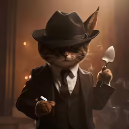 a brown cat wearing a suit and a black hat