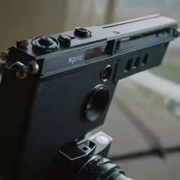 camera sitting on a table with focus on the lens