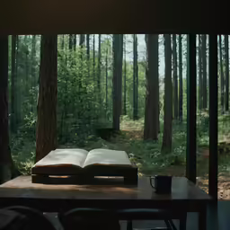 an open book sits on a table next to a forest