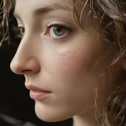 a young woman is looking to her right with eyes open