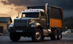 the large truck is driving down the road,this photo depicts a delivery truck with a yellow cab and dumpster