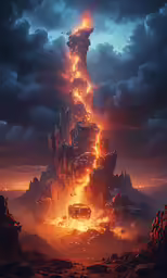 a giant stone tower surrounded by lava on top of it