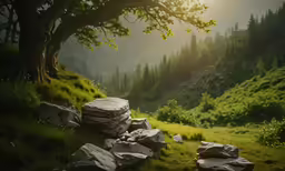 a field with large rocks under the tree