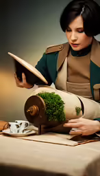 a woman in an old fashioned costume looking at a plant inside a teapot
