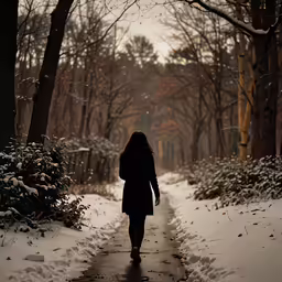 a woman walks through a snowy park at night