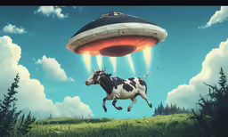 the cow is flying by the object in the sky