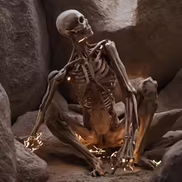 a skeleton sitting on a rock with the eyes open