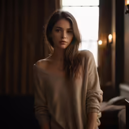 a woman standing by the window with her arms crossed