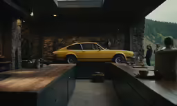 a car parked inside of a large kitchen