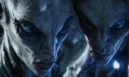 two alien creatures staring at the camera from below