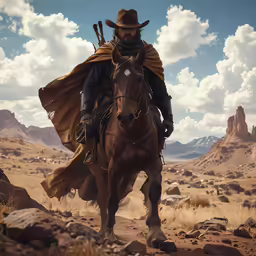 a man in medieval clothing rides on the horse in a desert