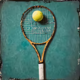a tennis racket and yellow ball sitting on top