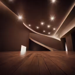 an empty room with lights and a curved wall