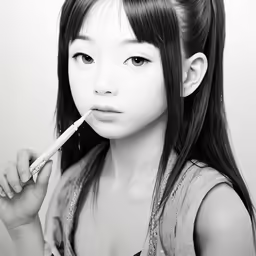 a girl with long hair using a toothbrush