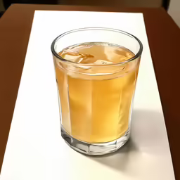 an empty glass filled with some liquid sitting on top of a table