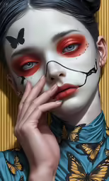 the woman is dressed in white and has butterflies painted on her face