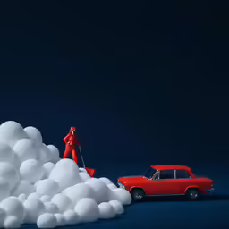 an orange car passing behind a pile of cotton balls