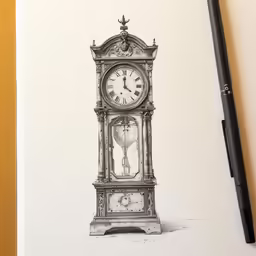 a pen and ink drawing of a grandfather clock