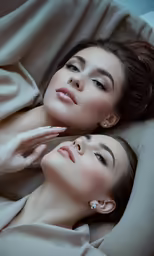 two young women lay in bed, one of them has her eyes closed while the other holds the other