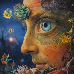 this is a portrait of an artist with flowers on her forehead