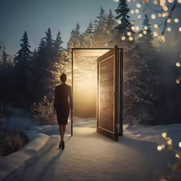 a woman is walking into an open door