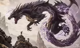 a dragon and some other animals on rocks