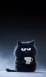a black cat sitting with its eyes closed holding a cup of coffee