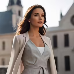 woman wearing a gray suit and white top