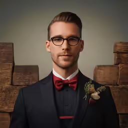 a male in a black jacket and bow tie with some flowers