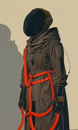 an artist wears an old coat, hat, and orange belt
