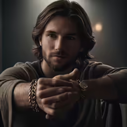a young man wearing gold bracelets points his hand