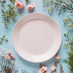the white plate is surrounded by flowers