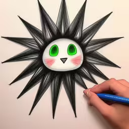 a drawing of a face and green eyes on a white background,a person drawing on a sheet of paper