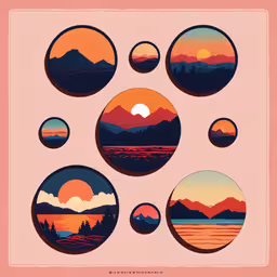 a series of circular artwork pieces in a pink background,five round paintings, with the sunset in the background
