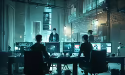 people sitting at computer screens in dark room