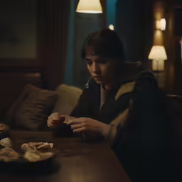 a person sitting down at a table eating food