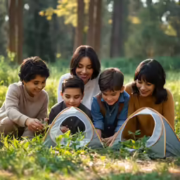 a family of four are sitting together in the grass