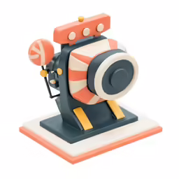 an analog camera is sitting on a small base